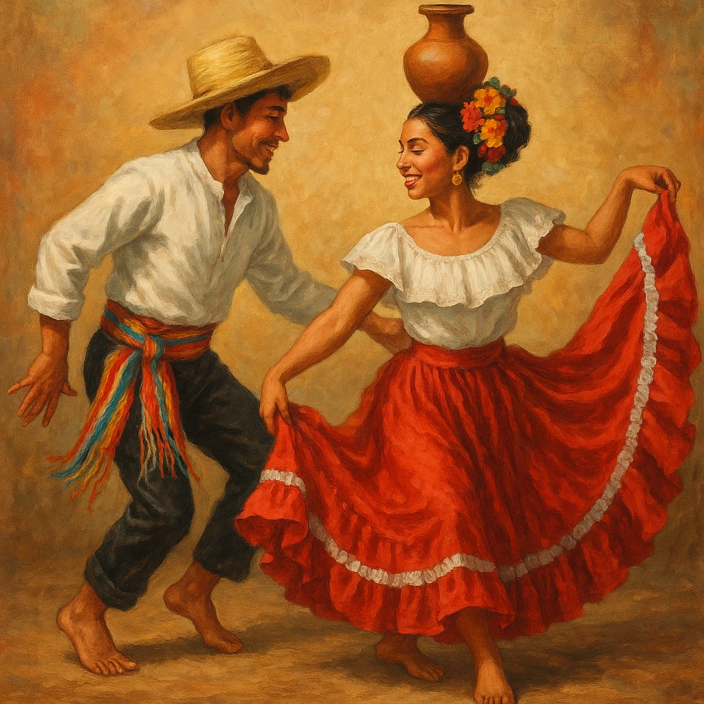 folkloric dancers: barefoot man with straw hat, white shirt, black pants, color striped sash, dancing with barefoot woman in red folk skirt, white blouse, updo hair, flower headdress, balancing pottery vase on her head emoji