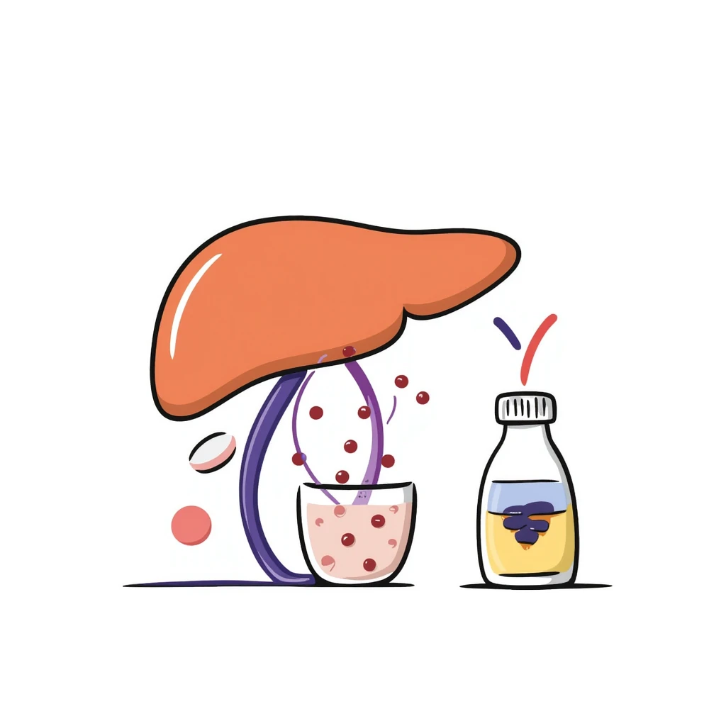 Anti-diabetic treatment diagram: orange liver, pink muscle cells, and yellow fat cells responding to blue anti-diabetic medication, with purple insulin pathways activated. Hand-drawn cross-section showing cellular absorption of red glucose particles and balanced blood sugar levels. emoji
