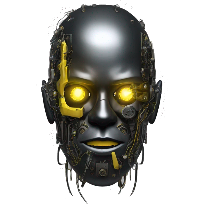 black metal cyborg head with circuitry, one artificial eyeball, and yellow Mohawk goatee emoji