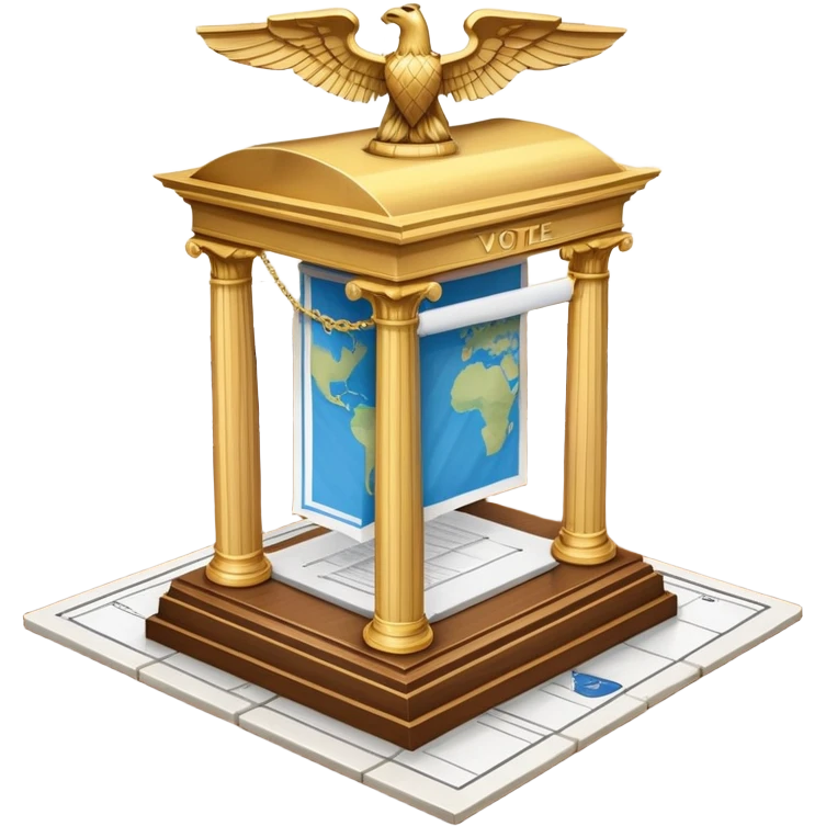 An icon featuring a ballot box with a voting paper, a government building with columns, and a scale of justice, symbolizing political science. The design includes a world map in the background, representing global political systems. Transparent background highlights governance and civic studies. emoji