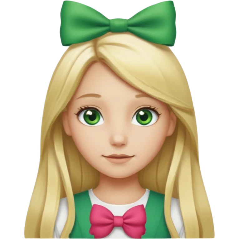 blonde girl long hair middle part, green eyes,at with a bow with text saying "engoy" emoji