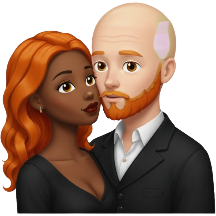 White bald man with ginger orange facial hair and beard. Kissing ebony black women with long black wavy hair  emoji