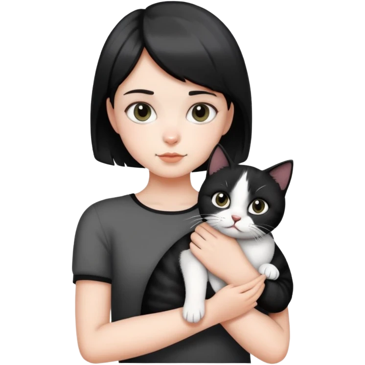 A short-haired girl holding a black and white cat emoji