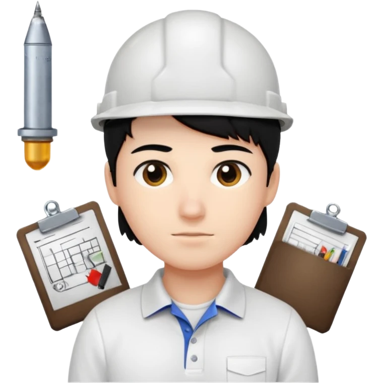 engineer wearing white polo, black hair with site/eng materials on the bg emoji