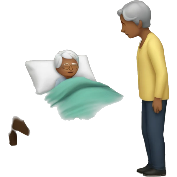 A boy sleeping in a bed and grandma standing beside the bed emoji