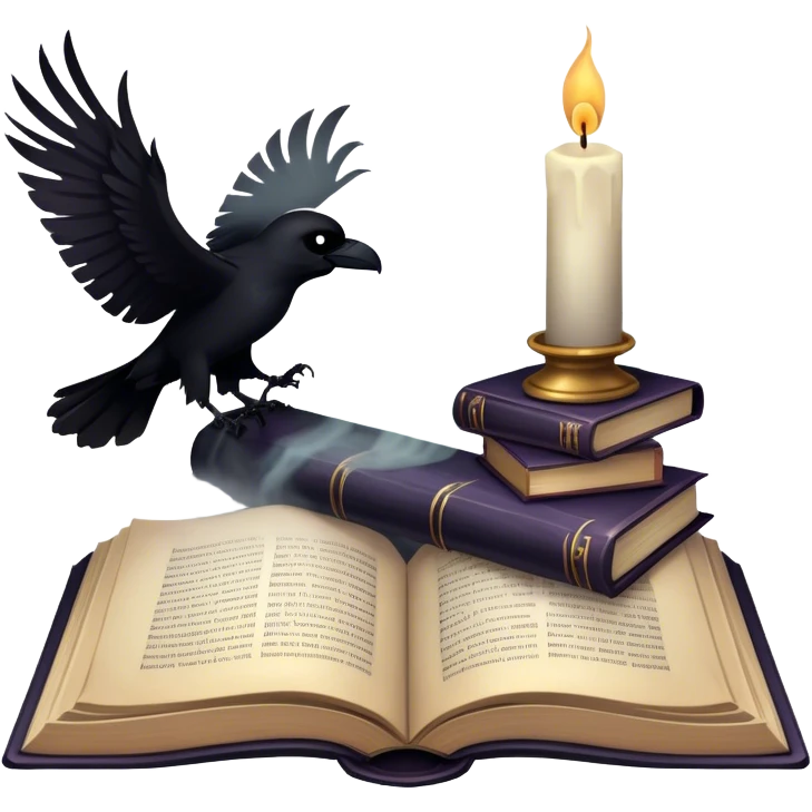 Icon for Horror and Mystery Reading: an open book with eerie shadows and mist rising from the pages, a candle, a skull, and a raven perched nearby. The icon should evoke the suspense, fear, and supernatural atmosphere of horror and mystery stories. Transparent background. emoji