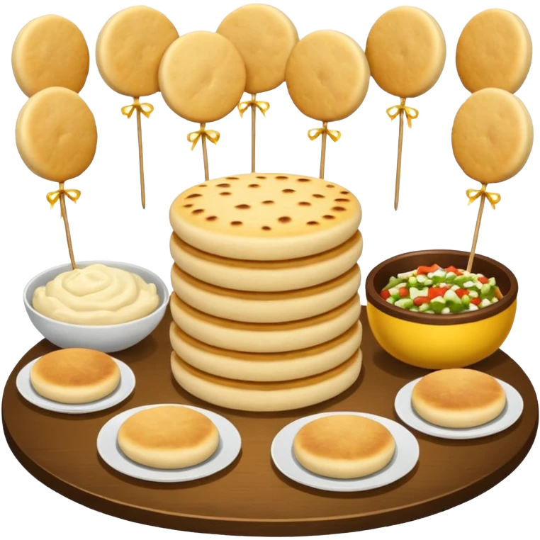 party table decorated all over with colombian arepas,  emoji