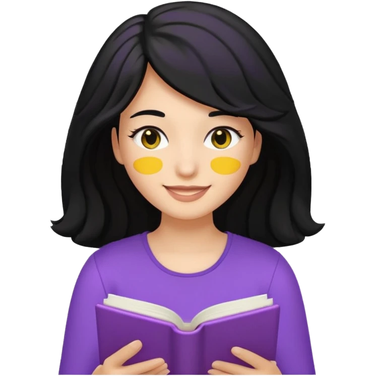 검정머리에 책읽고있는 여자. 해줘. 그리고 그 책으로 얼굴 반은 가린듯한 머리는 약간 파마 앞머리 없고 그리고 너무 무섭게 말고 책 읽는다고 얼굴 반은 가린듯한 책은 흰색에 보라색 노란색 섞여있고. 약간 미소 상의는  흰옷 . 아이폰 이모티콘 형태로 부탁 emoji