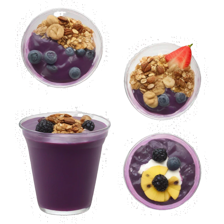 Açaí in a clear cup with layers of fruits and granola and condensed milk emoji