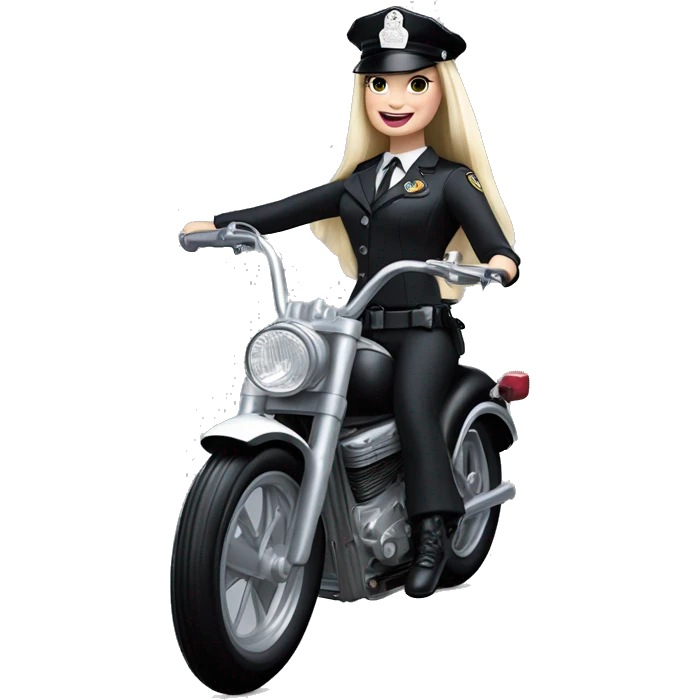 Good Time Barbie, Wednesday Addams from academy in vertically-striped dark-gray and black London police officer’s uniform with hat. Leaning back at the hips, riding a wheelie on a hot rod bike smiling  emoji