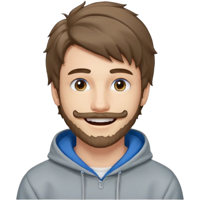 20 year old man, short scruffy beard and thin moustache, brown puffy mullet, blue eyes, big smile, white teeth, big lips, pronounced jaw, hair longer in back, sticking up on top, thin face, grey hooded sweatshirt, pale skin, big smile, blue eyes, puffy hair that is long in back, blue eyes emoji