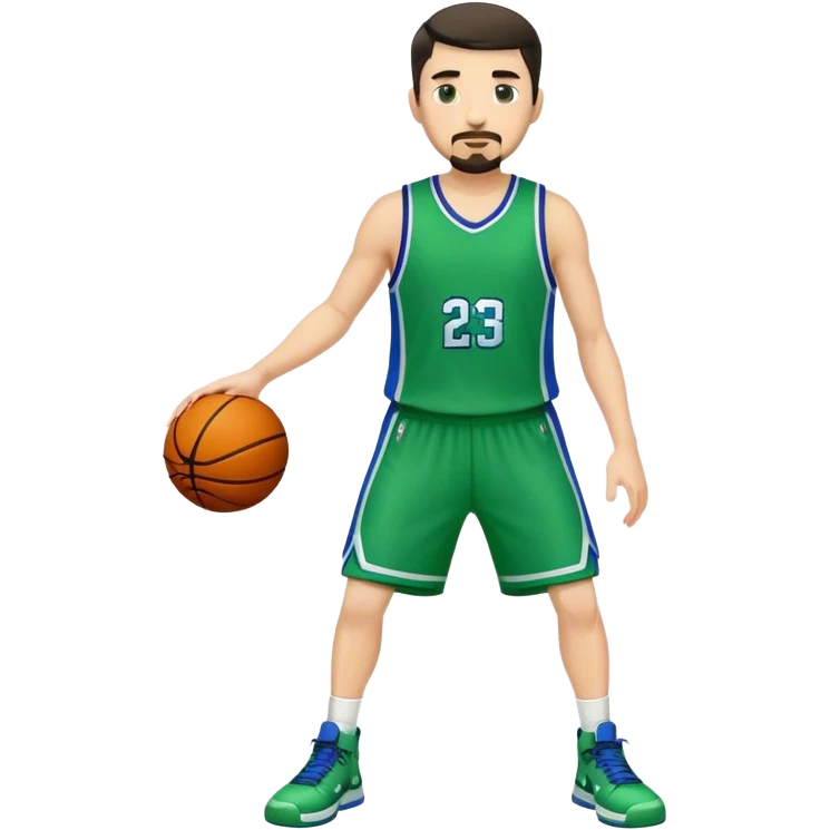 Full Body  white male basketball player with short dark hair and gold tee beard wearing blue and green uniform emoji