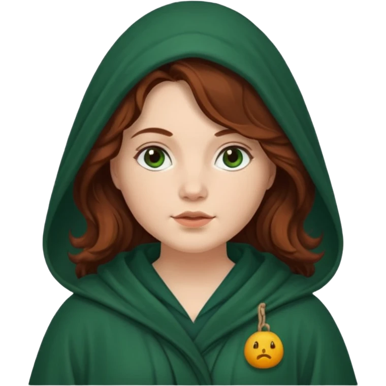A white woman with a chubby face, with long dark auburn hair robed and hooded like she's a Traitor in the tv show The Traitors. her hair is slightly curly, but kinda frizzy, not with defined curls, and the robe is a very dark green color emoji