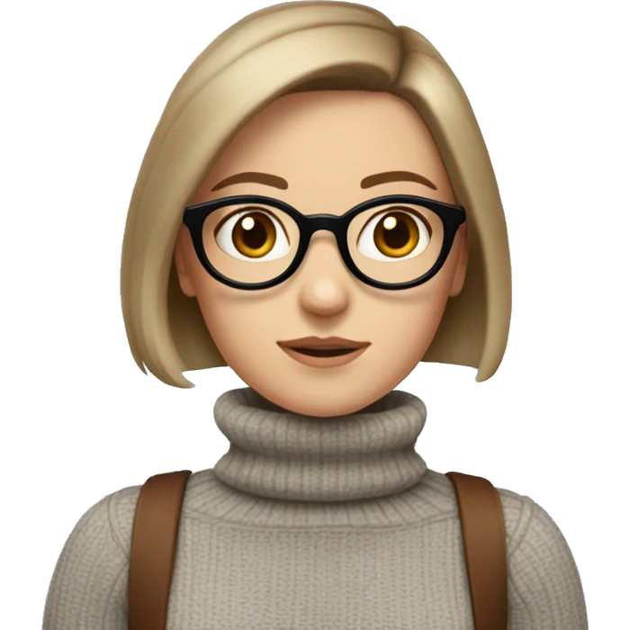 White girl in a turtleneck with brown bob, round brown glasses, and blue eyes emoji