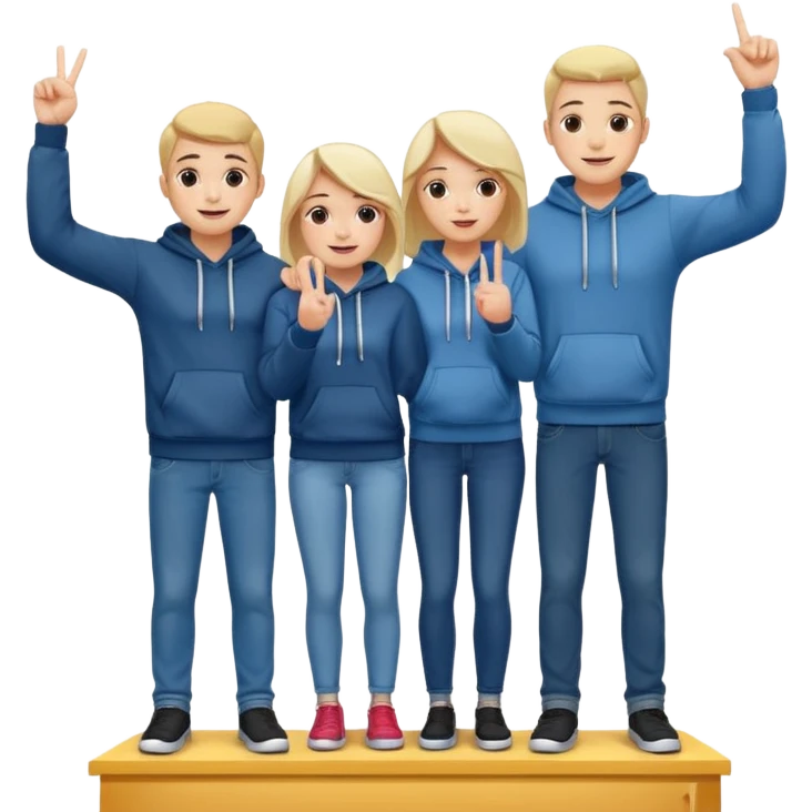 three people in jeans and hoodies on a winners’ podium with no numbers, center person holds up one finger on each hand, bright cheerful expressive emoji illustration emoji