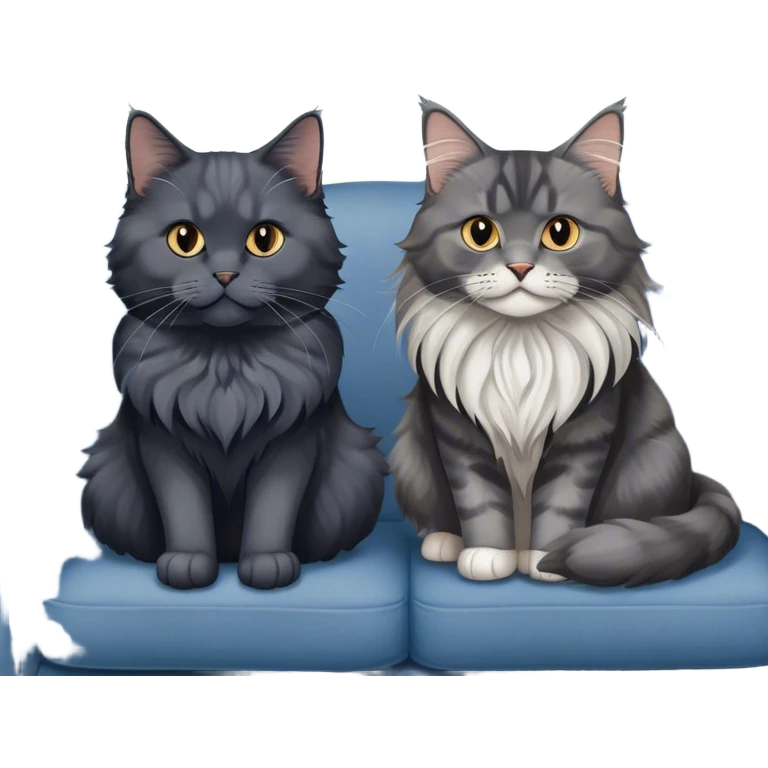 Portrait of a black smoke Maine Coon cat with long grey ear tufts, alongside a British Shorthair cat with a solid blue coat on sofa. Both cats with detailed fur textures and playful expressions. Soft, elegant background of room with flowers and natural tones. Transparent background. emoji