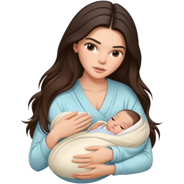 brunette Kendall Jenner with long hair holding newborn baby in swaddling clothes emoji