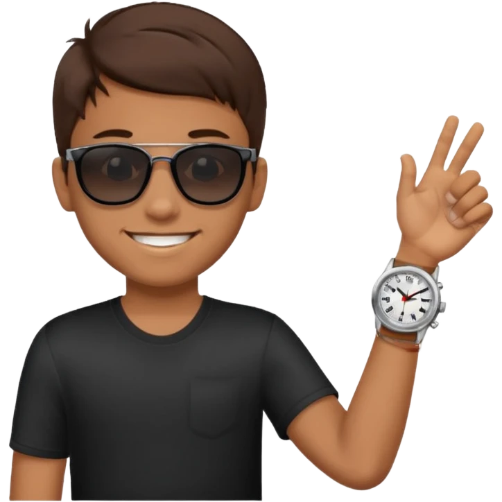 Un niño con pelo lacio color castaño,con lentes de sol negros y un reloj en la mano emoji