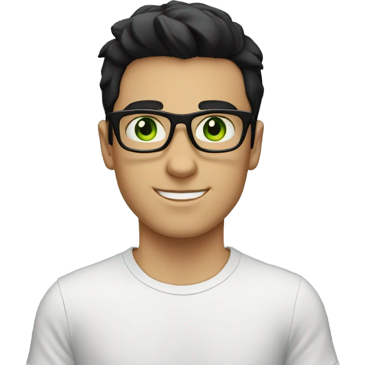 A white boy with black glasses with black hair wearing a white T-shirt with green eyes emoji