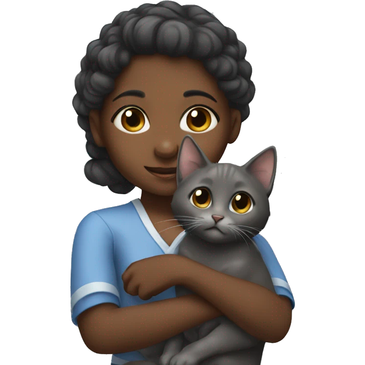 dark-skinned girl hugs a gray kitten with a bow emoji