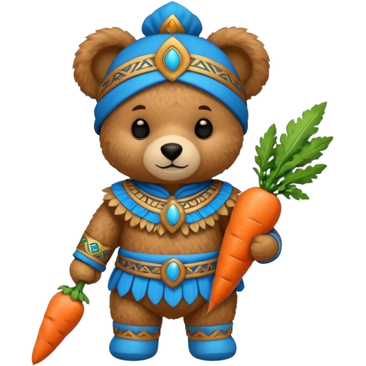 teddy bear, wearing blue mayan ancient custome, with carrot half body emoji
