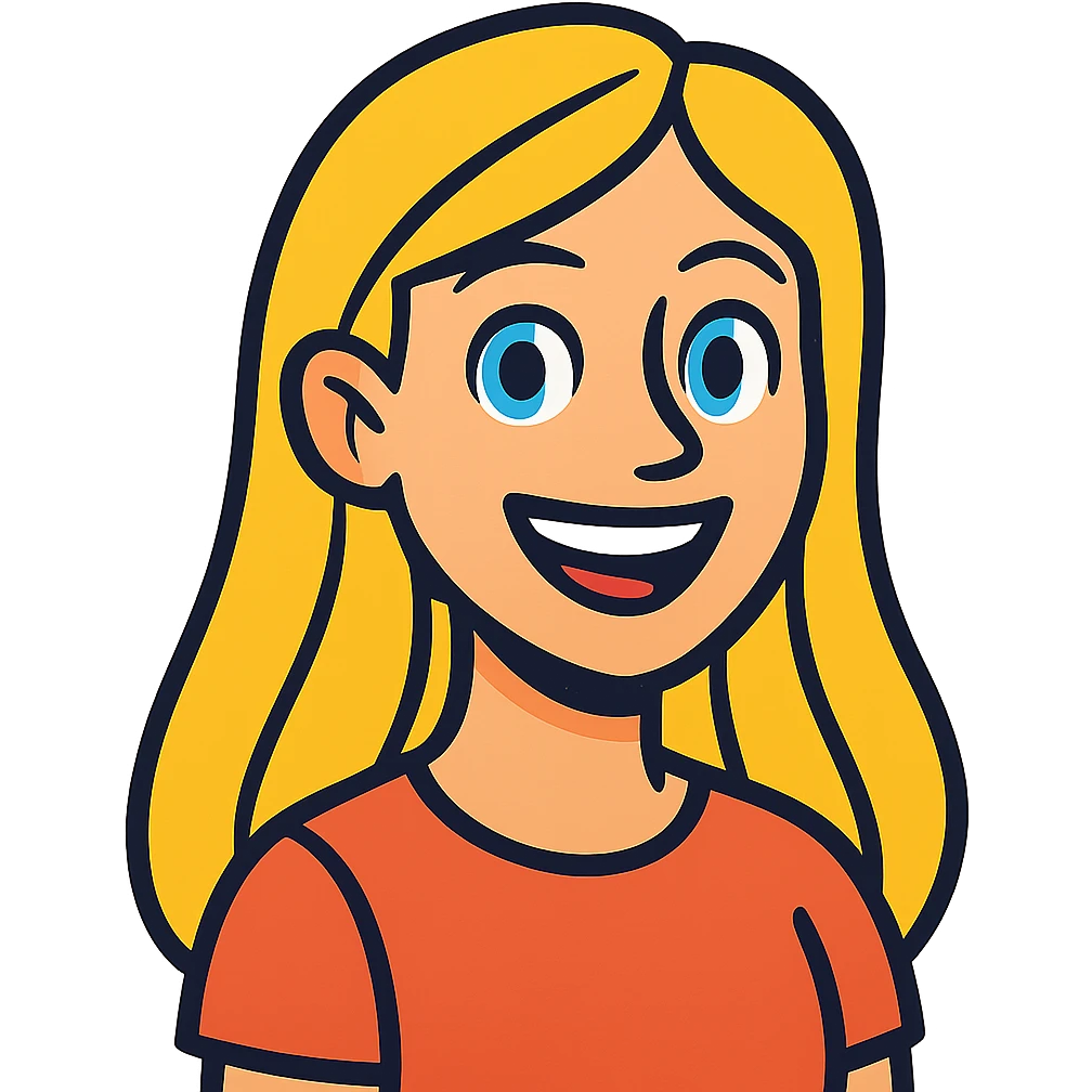 cartoon style portrait of a smiling female with long blonde hair and blue eyes emoji