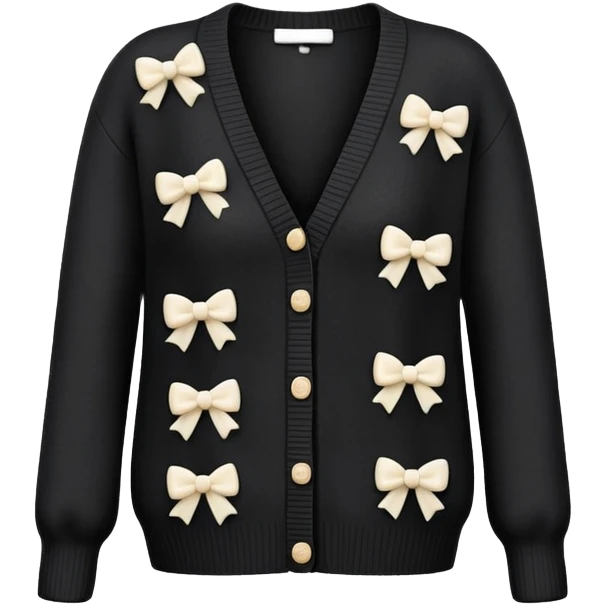 black cardigan with 8 tiny ivory bows all over front and sleeves, realistic 3d isolated, soft texture emoji