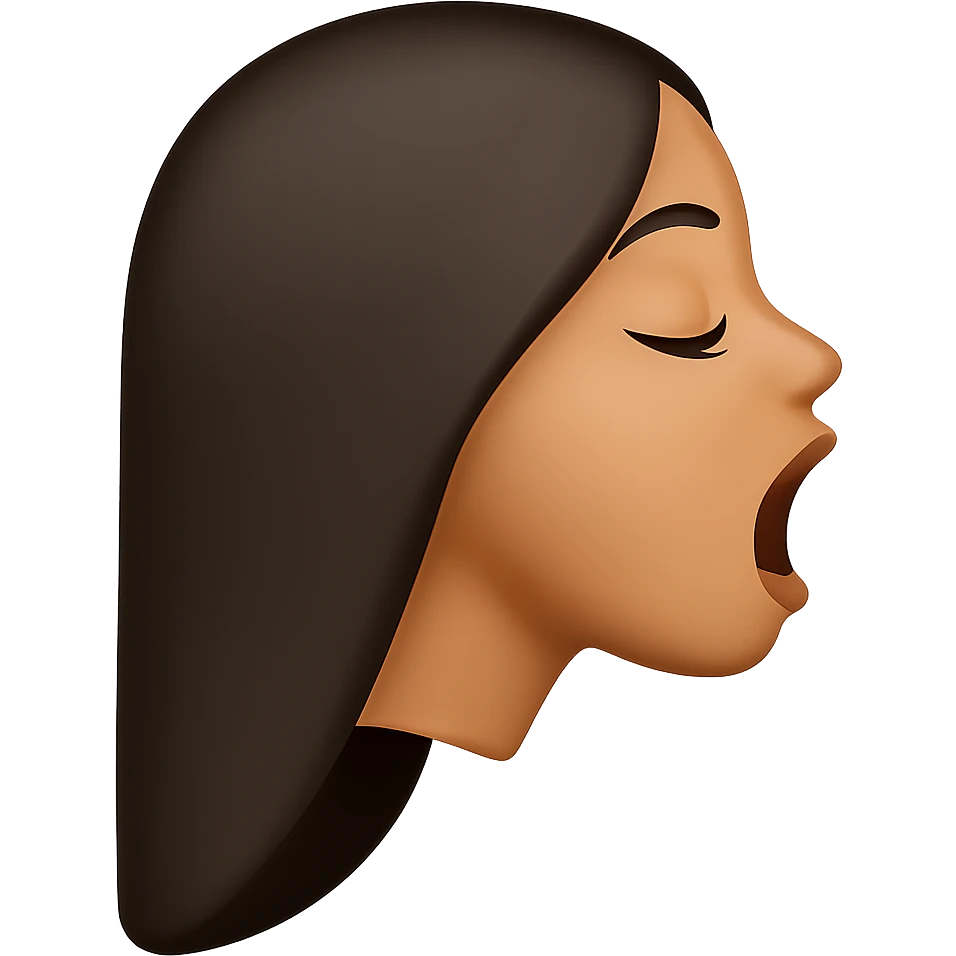 Create a side view (profile) of this woman's head in the normal iPhone emoji style, with closed eyes, long eyelashes, mouth open wide, smooth shading, no outlines, long dark hair, and lips clearly visible. Variant 2. emoji