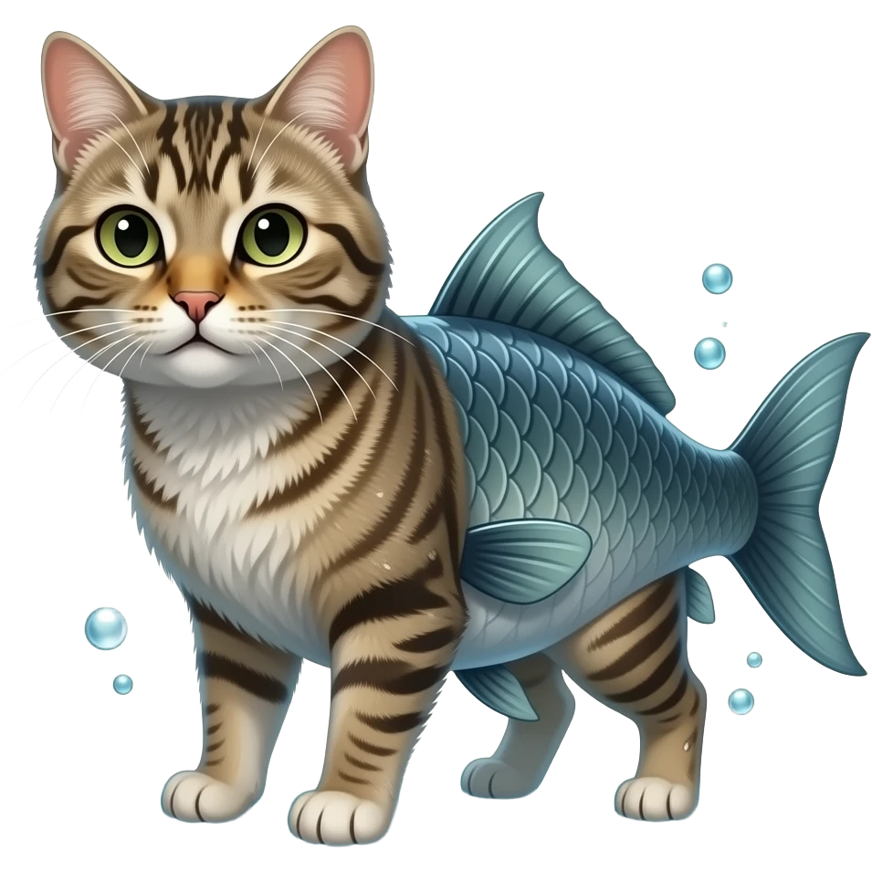 A realistic hybrid animal with a cat’s head and fur, combined with a fish body and fins, underwater environment, bubbles, natural lighting, detailed whiskers, wet texture, photorealistic emoji
