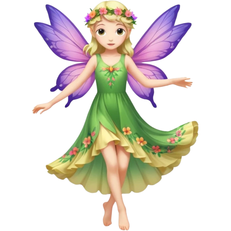 A flower fairy girl, slender in figure, with wings, her entire body slightly tilted, one leg straight, one leg bent, one hand raised, the other lowered. emoji