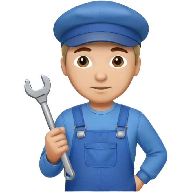 Russian male factory worker wearing overalls and a flat cap holding a wrench emoji