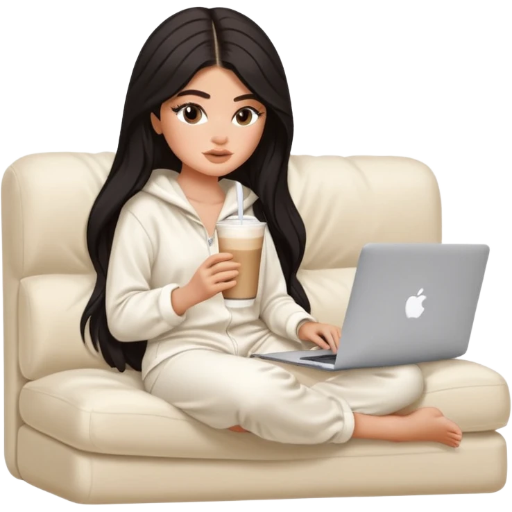 Kylie Jenner with her sexy face and long hair, make it 1 tone lighter,sitting learning on macbook watching the screen the laptop, she wears a white Skims pajama and she's drinking 1 tasty iced latte with a straw and sitting on a white beige fluffy sofa emoji
