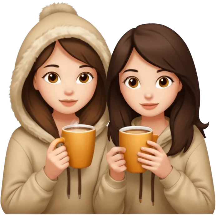 2 brunette girls sitting cozily in a beige fur hoodie sipping coffee emoji