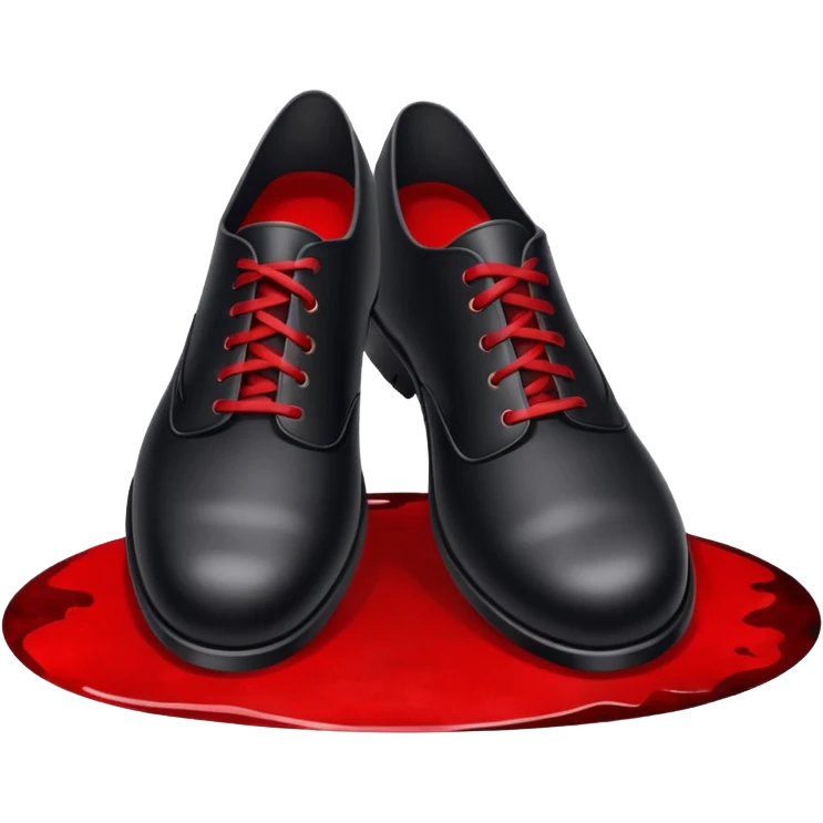 Minimalist emoji-style sticker of two black shoes standing on a red carpet that fades into a bloodstain. Flat, frontal design, simple icon composition. emoji