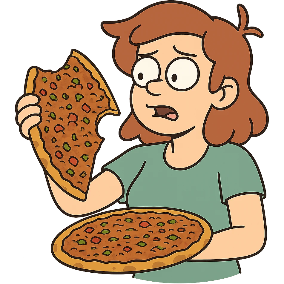 cartoon-style lahmacun with a slice missing, showing the toppings and crispy edge emoji