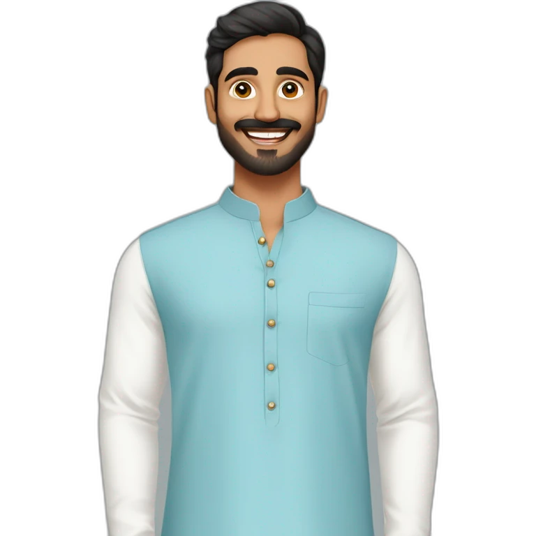 South  Indian guy wearing light blue keen length kurtha with white skinny pant  with smile and light beard  emoji