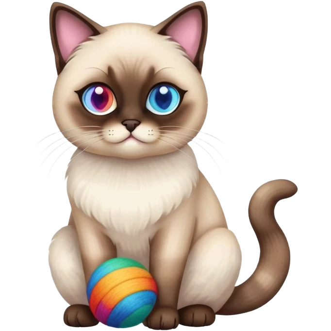 Siamese cat full body sitting with rainbow eyes and a wool ball emoji