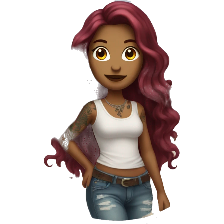 Beautiful tattooed  burgundy long haired woman walking on the beach emoji