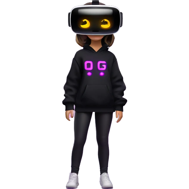 Russian girl wearing black hoody with violet letters "OMG", in vr headset oculus quest2. Standing like jedi. Cyberpunk style. Violet neon. emoji