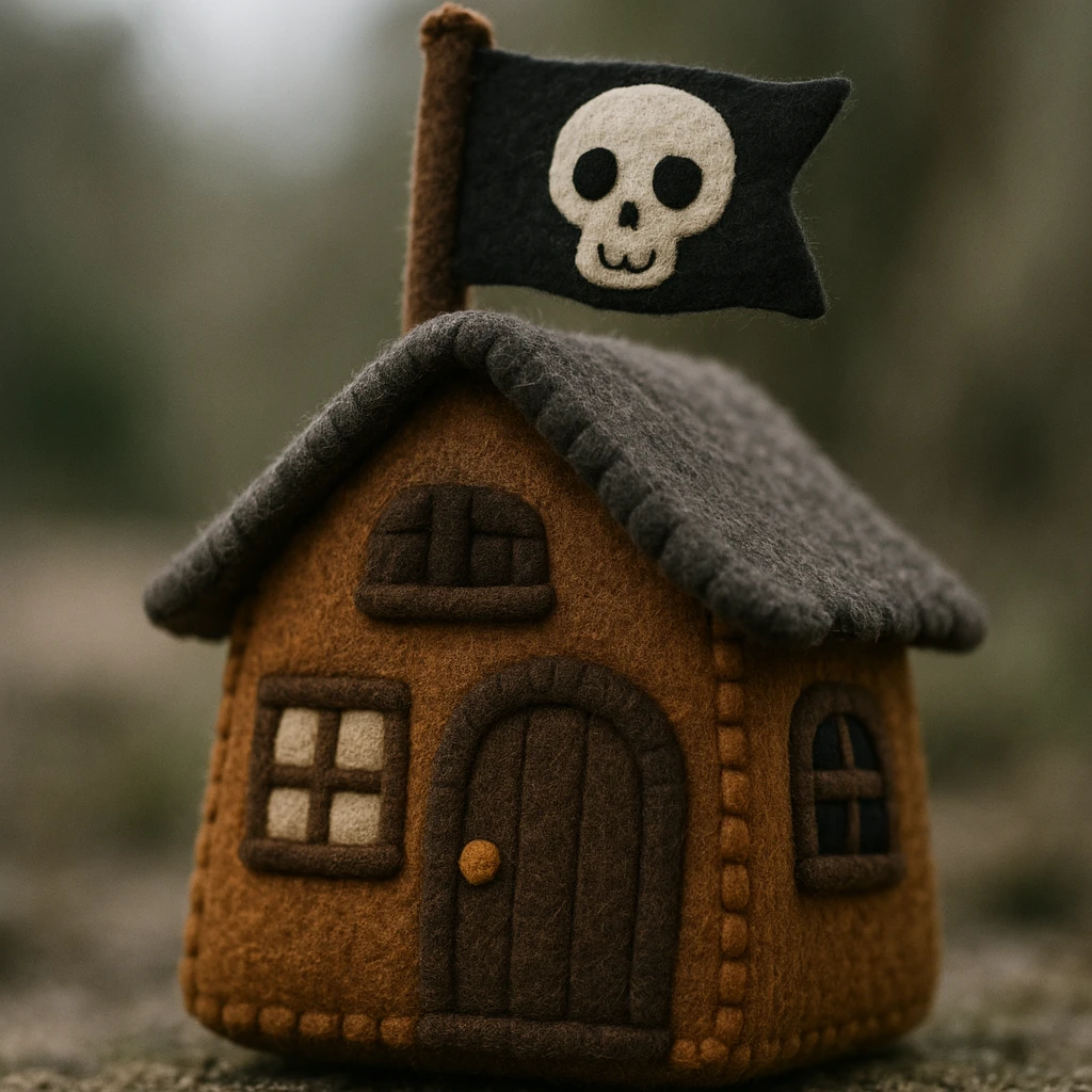 old pirate's house with skull flag emoji