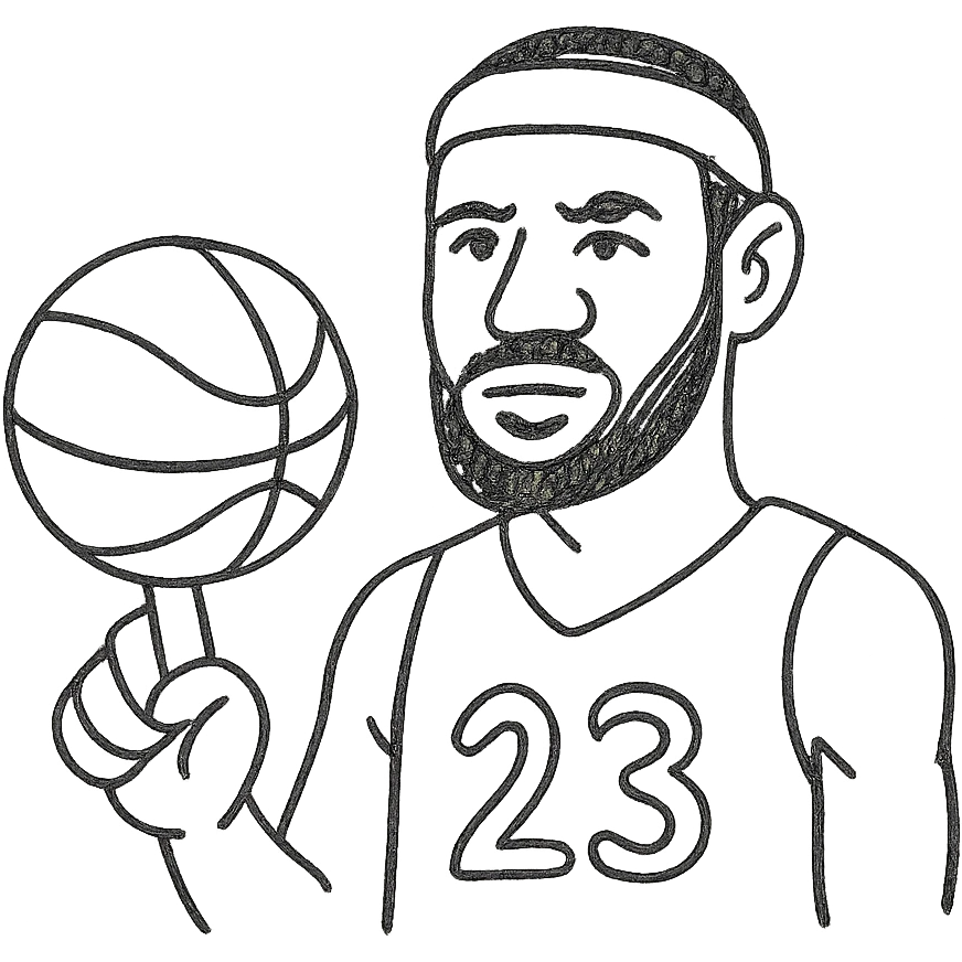 LeBron James hand-drawn outlined icon, recognizable features, basketball in hand emoji