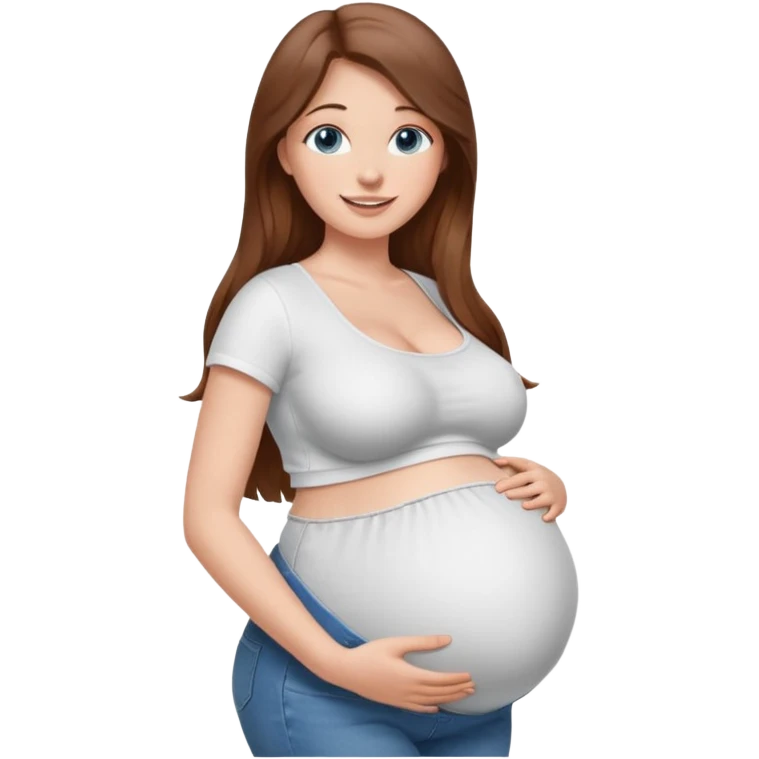 White girl, 18, long brown hair, blue eyes, white crop top, jeans, huge pregnant belly, big boobs, side view, skinny, bare midriff, smiling emoji