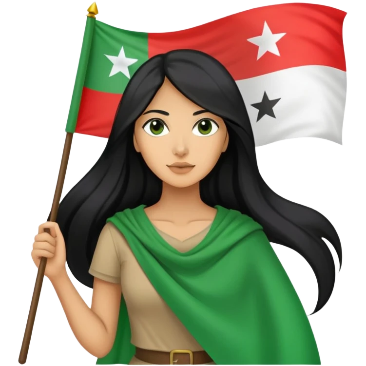 Women holding the Syrian green flag with three stars long hair and the flag with stick emoji