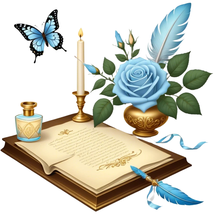A dreamy, romantic scene of a candle-lit desk with an open love letter, a feather quill dipped in golden ink, an ornate perfume bottle, and a bouquet of pale blue roses resting beside a pearl-adorned butterfly.
 emoji
