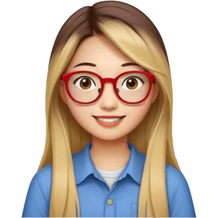 20 yr old asian woman, straight thick long brown hair, blond at ends of hair, middle part, big red glasses, brown eyes, casual shirt emoji