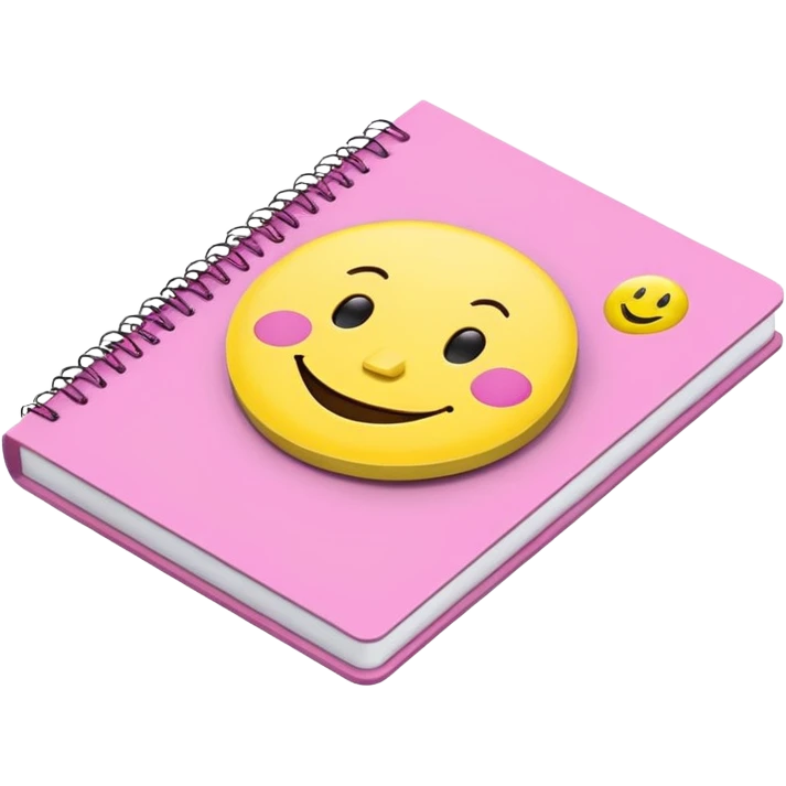 libreta de anillos rosada en perspectiva isometrica con sticker de carita feliz amarilla emoji