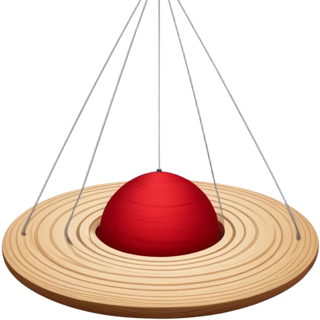 Floating layers of wood grain, red fabric, and sketched lines suspended in motion, gently orbiting a glowing core of creative intent. emoji