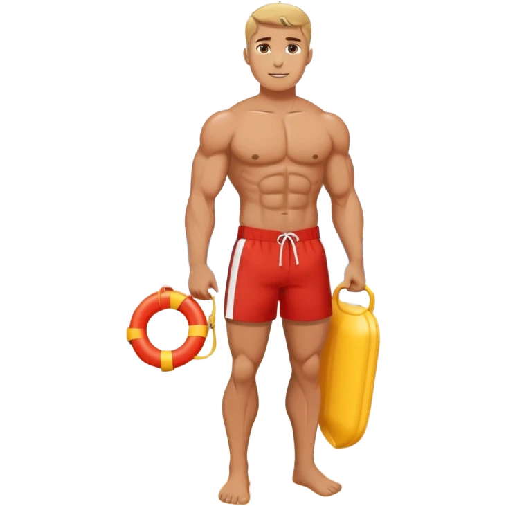 Muscular lifeguard man on beach with rescue tube emoji