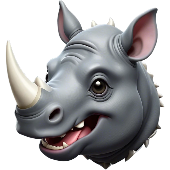 Cinematic Comical Rhinoceros Portrait Emoji, Head tilted dramatically with an exaggeratedly amused expression, featuring a striking, glossy slate-gray hide with a boldly textured white horn, wide, expressive eyes filled with playful disbelief, Simplified yet hilariously expressive features, highly detailed, glowing with a slightly sassy glow, high shine, dramatic yet playful, stylized with an air of cheeky wild mischief, bright and endearing, soft glowing outline, capturing the essence of a spirited and over-the-top rhinoceros, so meme-worthy it feels like it could charge its way into internet fame instantly! emoji