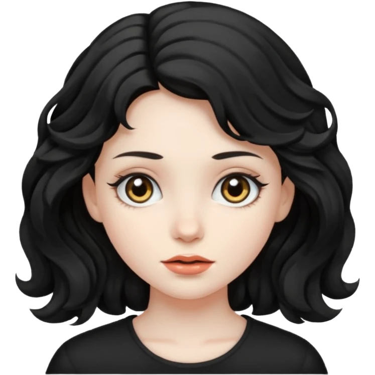 Crea una ragazza con stile black metal, capelli neri mossi dalle spalle e occhi bianchi emoji